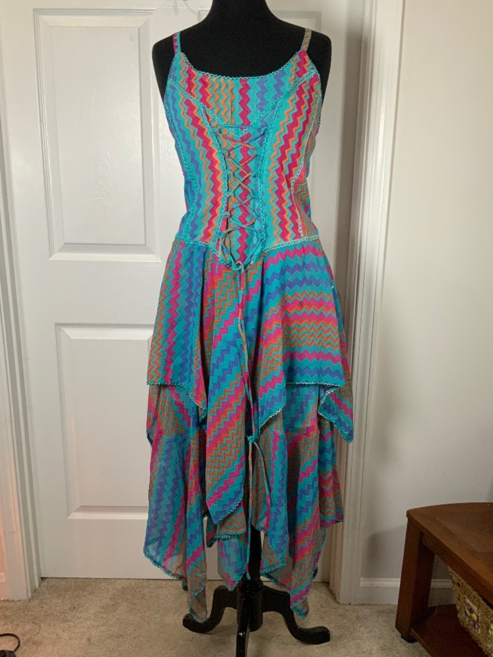 Colors of India Boho Handkerchief Hem Lace Up Maxi Dress Free Size Hippie